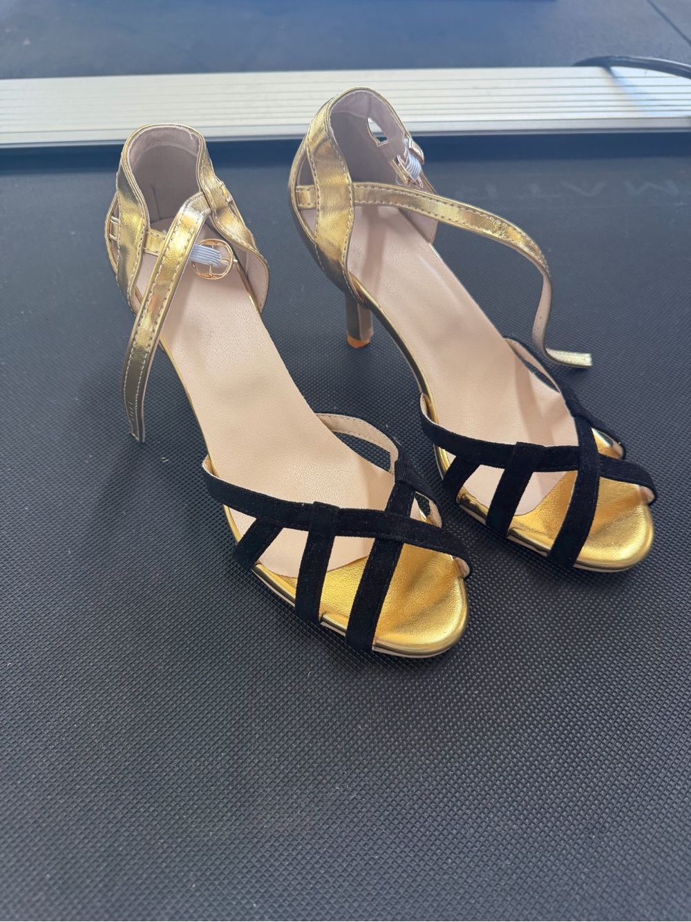 Gold and Black Strappy High Heel Sandals - Women